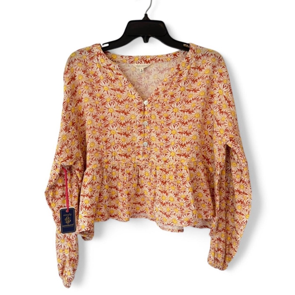 New Simply Southern Womens Large Sunflower Button Front Crop Top Boho Preppy